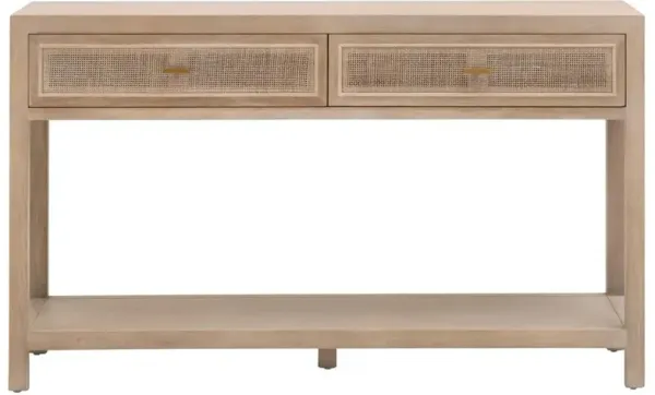 Lulu Coastal Beach Grey Oak Wood Woven Cane 2 Drawer Console Table