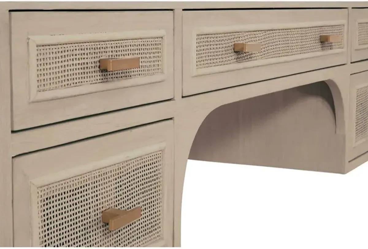 Lulu Coastal Beach Grey Oak Wood Woven Cane Panel 5 Drawer Desk
