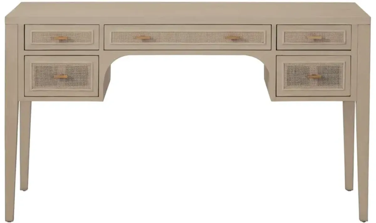 Lulu Coastal Beach Grey Oak Wood Woven Cane Panel 5 Drawer Desk