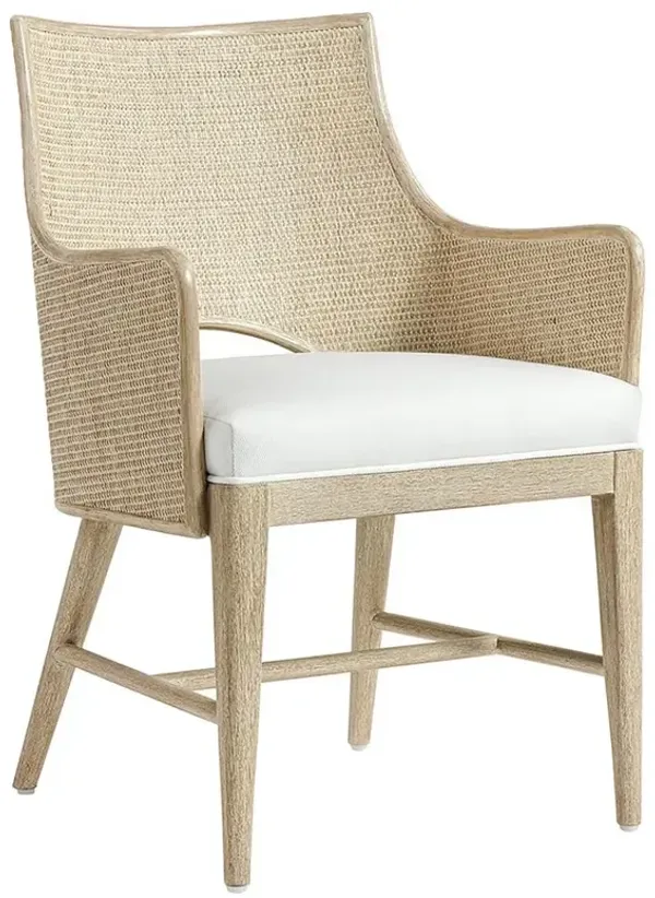 Palecek Avalon White Performance Cerused Wood Woven Cane Dining Arm Chair