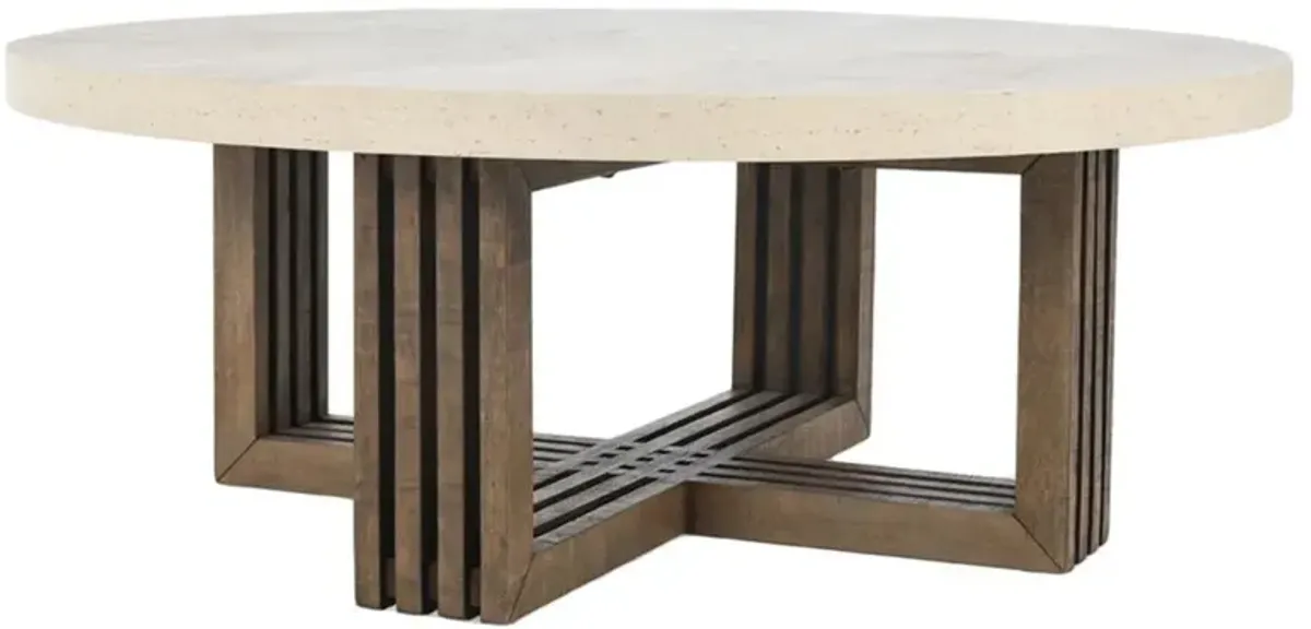 Laxmi Rustic Lodge White Concrete Top Reclaimed Pine Wood Round Coffee Table