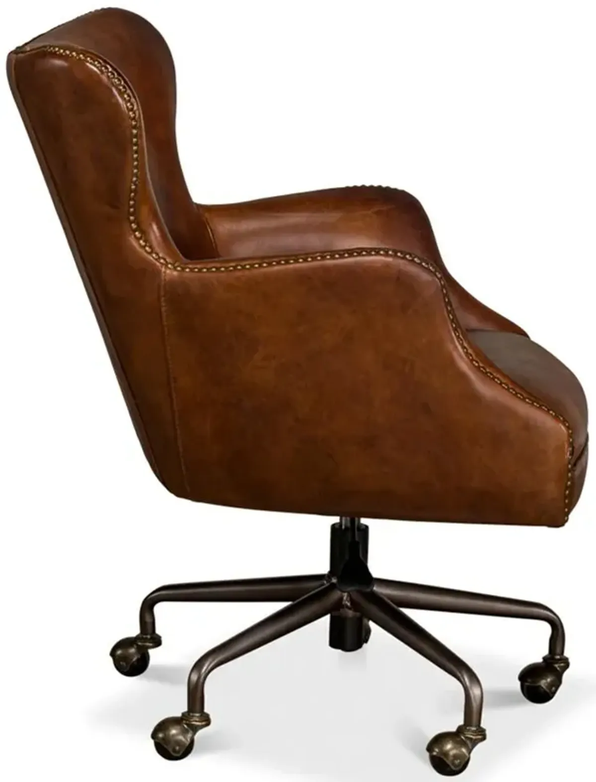 Alexander Rustic Brown Upholstered Leather Metal Base Nailhead Swivel Office Chair