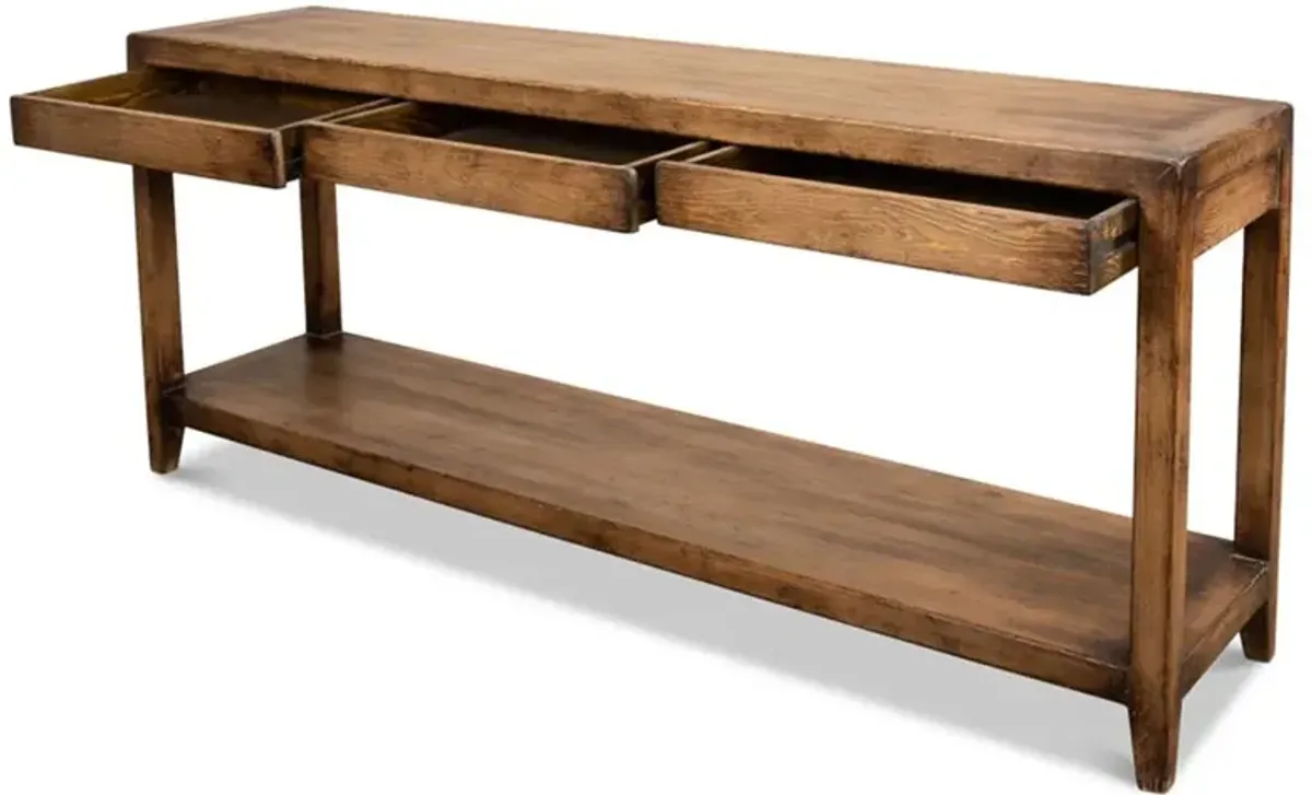 Jaxon Rustic Lodge Brown Pine Wood 3 Drawer Rectangular Console Table