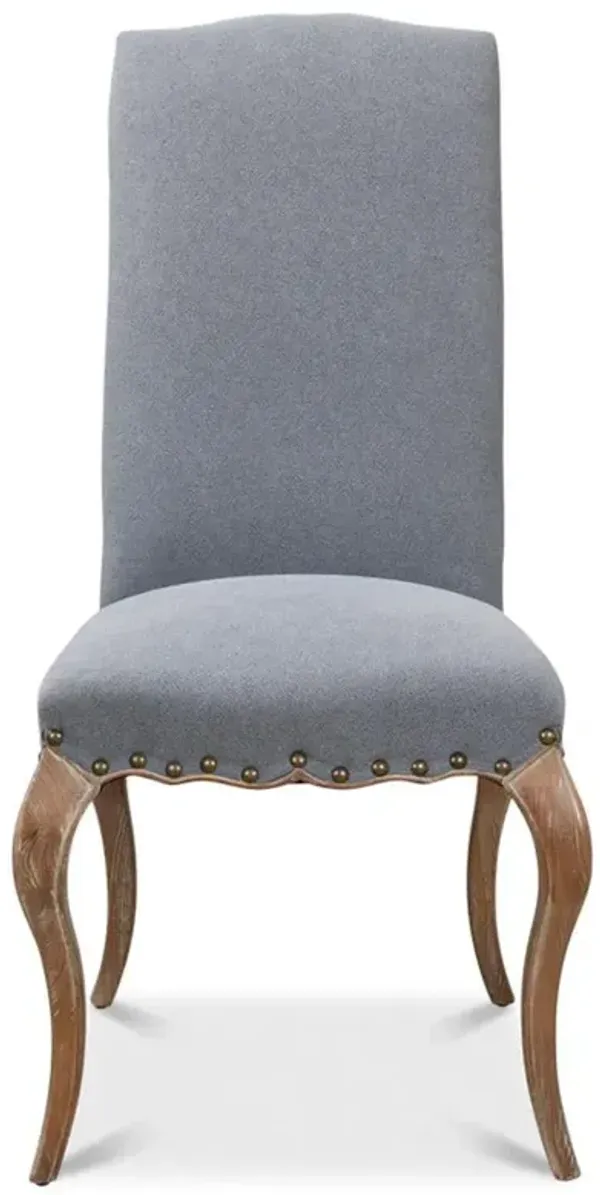 Theo French Blue Upholstered Linen Brown Oak Dining Solid Back Side Chair