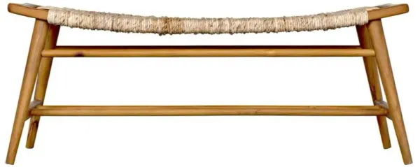 Shane Coastal Beach Brown Teak Wood Beige Woven Rush Seagrass Bench