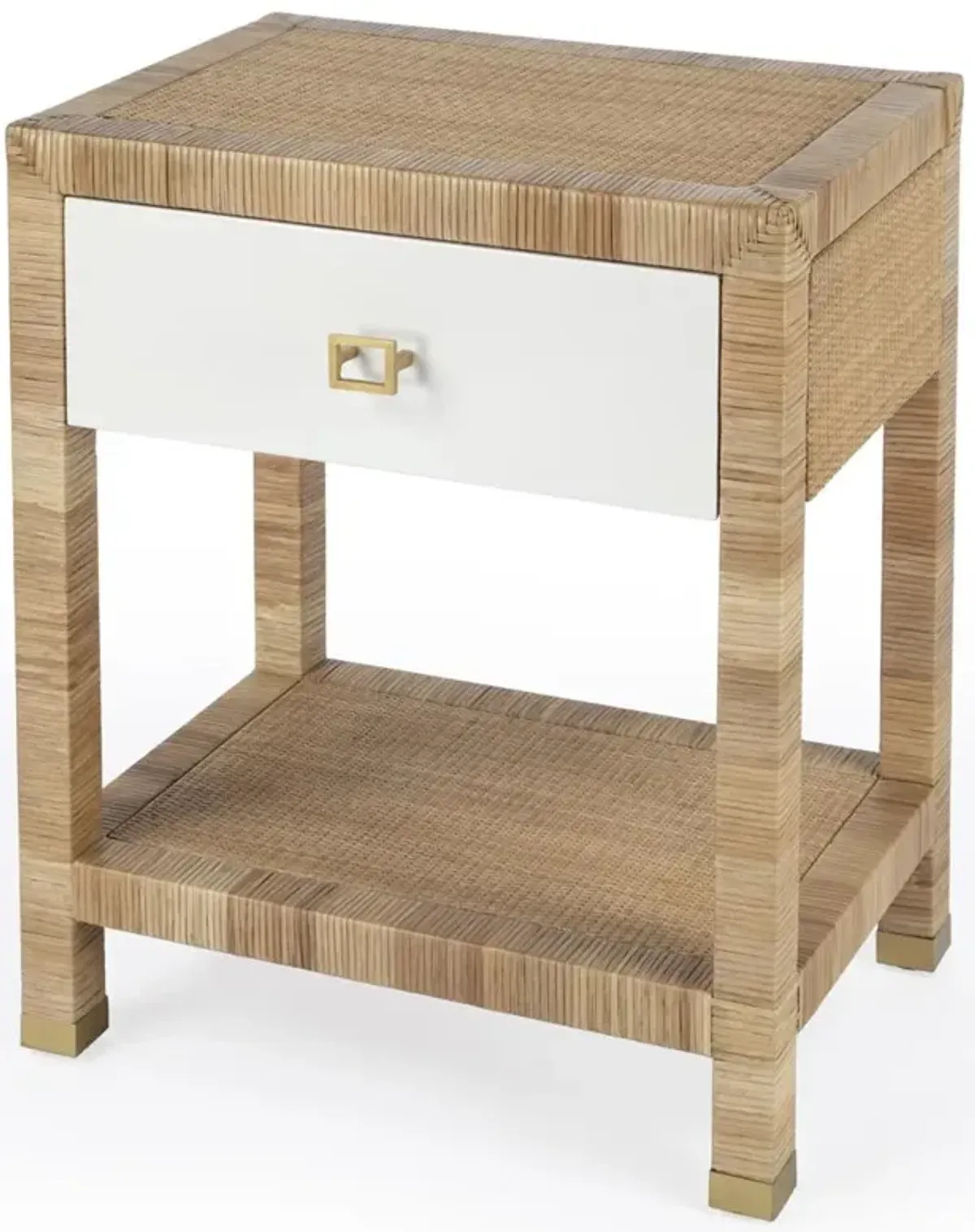 Will Coastal Beach Natural Woven Rattan White Wood Nightstand