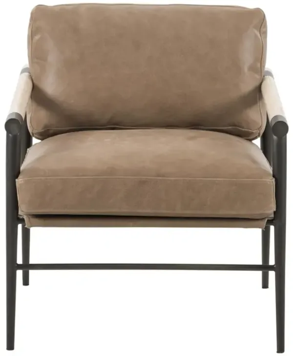 Zander Mid Century Brown Upholstered Leather Black Steel Occasional Arm Chair