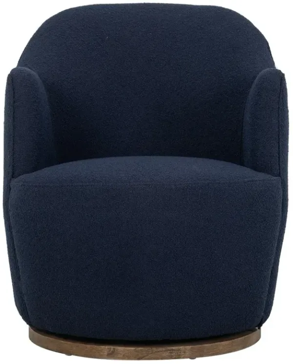 Samuel French Country Blue Upholstered Boucle Brown Wood Swivel Arm Chair