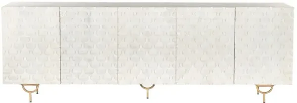 Harriet Mid Century White Wash Carved Mango Wood Gold Iron Base Media Cabinet - 82"W