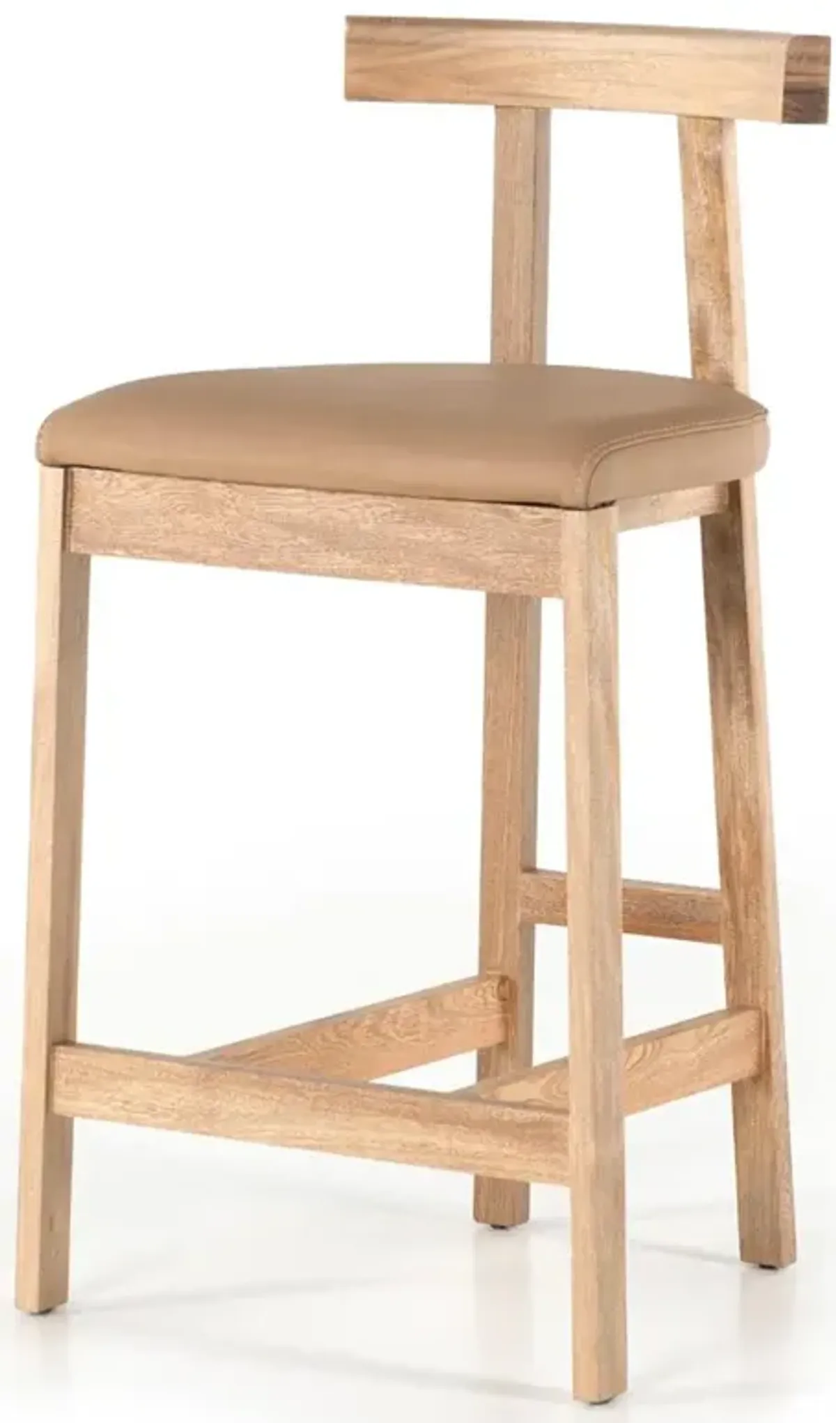 Madina Mid Century Modern Brown Upholstered Leather Natural Wood Counter Stool