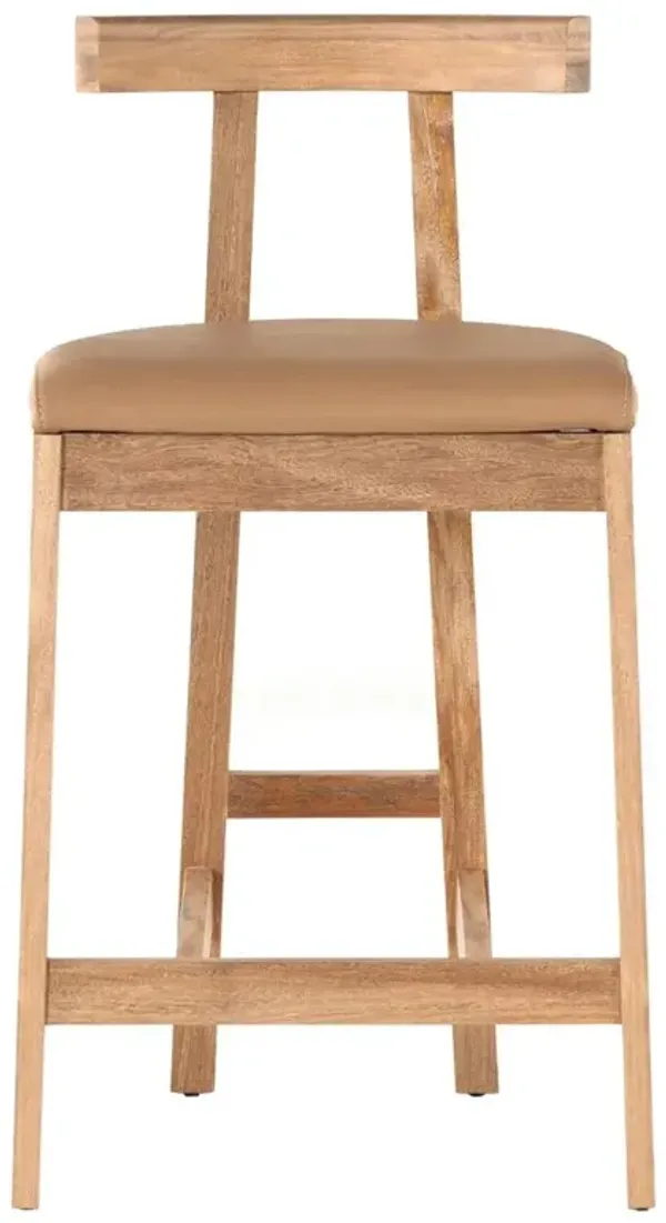 Madina Mid Century Modern Brown Upholstered Leather Natural Wood Counter Stool