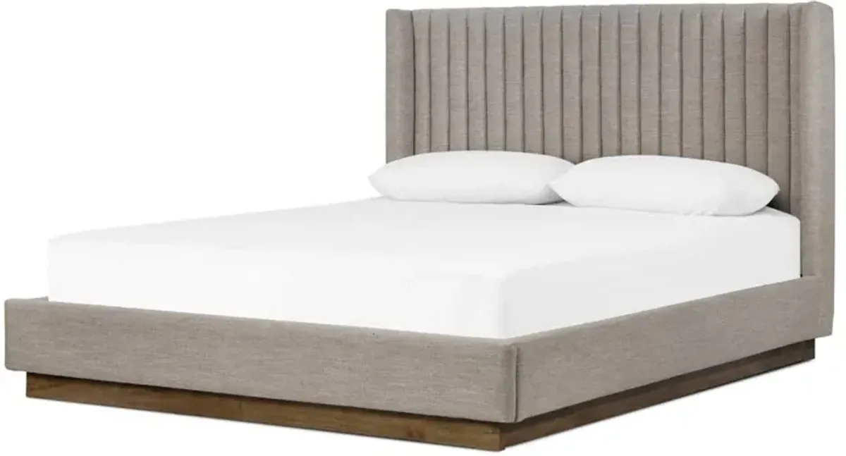 Mirica Rustic Grey Performance Channel Brown Wood Tufted Wingback Bed - Queen