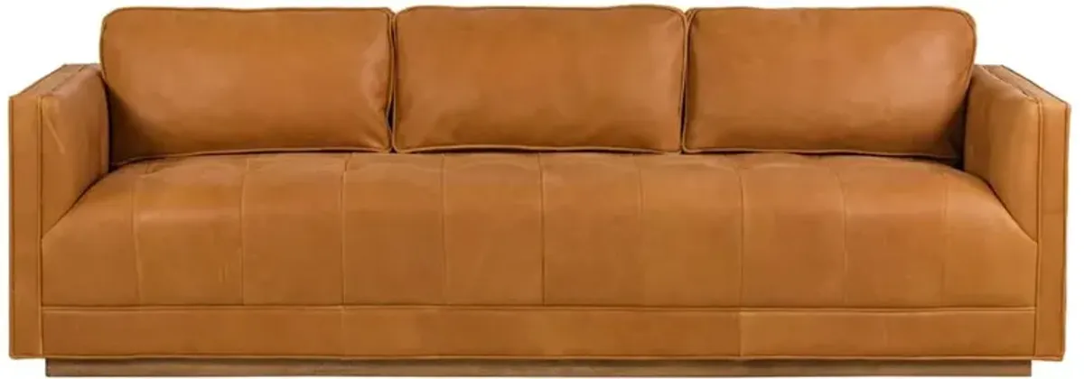 Celeste Rustic Lodge Palermo Cognac Leather Wood Base Tufted Seat Sofa - 90"W