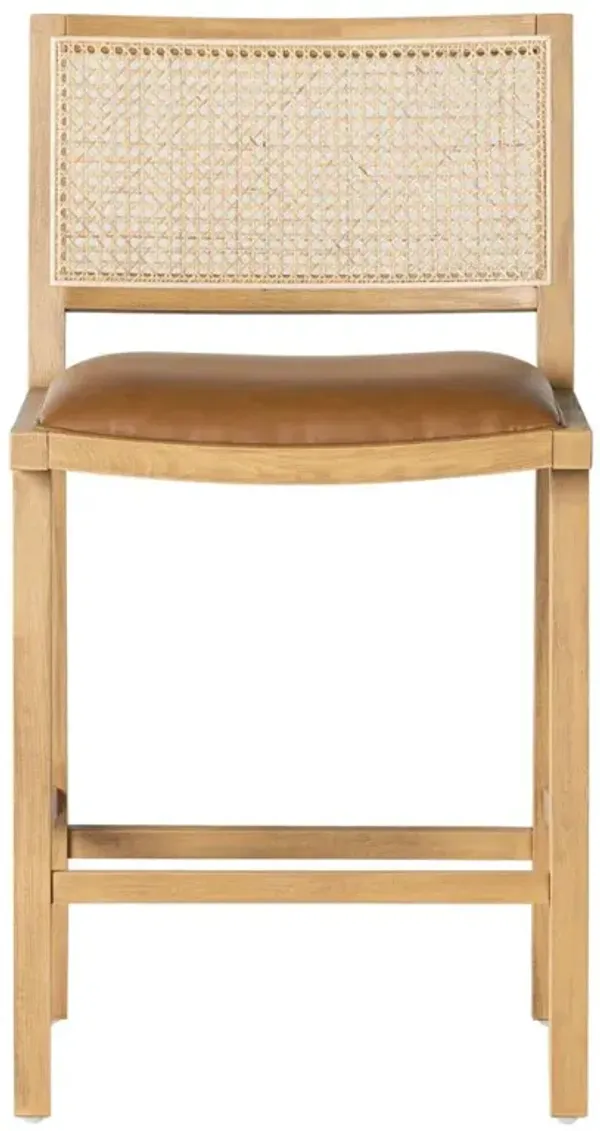 Samantha Coastal Brown Faux Leather Natural Wood Cane Counter Stool