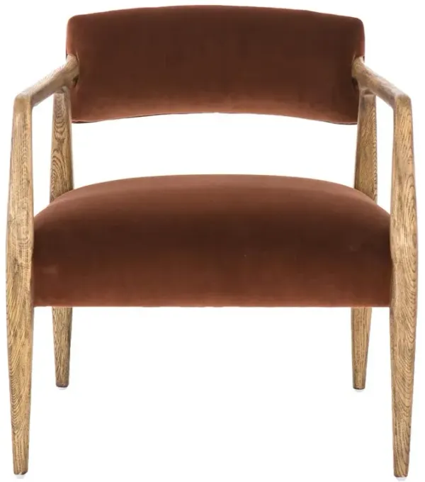Pia Mid Century Modern Brown Upholstered Velvet Natural Wood Frame Arm Chair