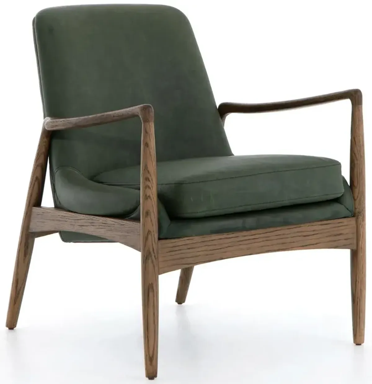 Olena Mid Century Green Upholstered Leather Brown Oak Wood Living Room Arm Chair