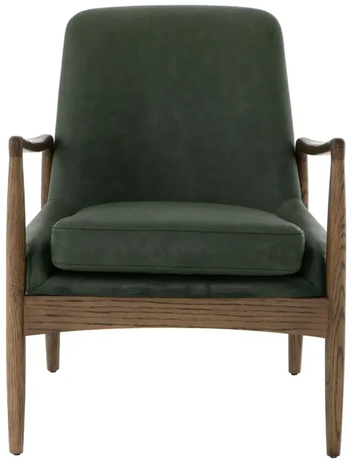 Olena Mid Century Green Upholstered Leather Brown Oak Wood Living Room Arm Chair