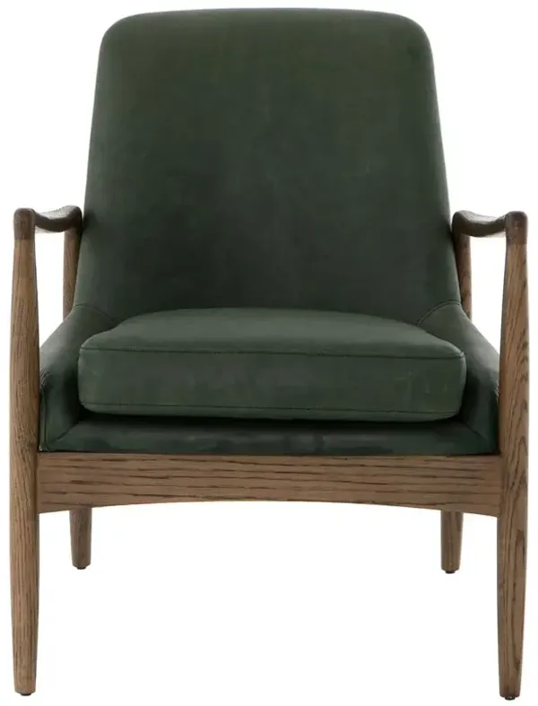 Olena Mid Century Green Upholstered Leather Brown Oak Wood Living Room Arm Chair