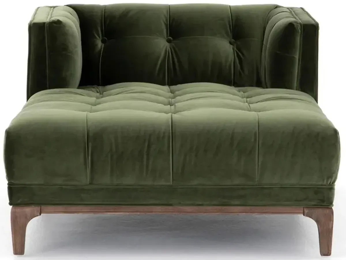Allen Mid Century Green Velvet Brown Wood Frame Button Tufted Chaise Lounge