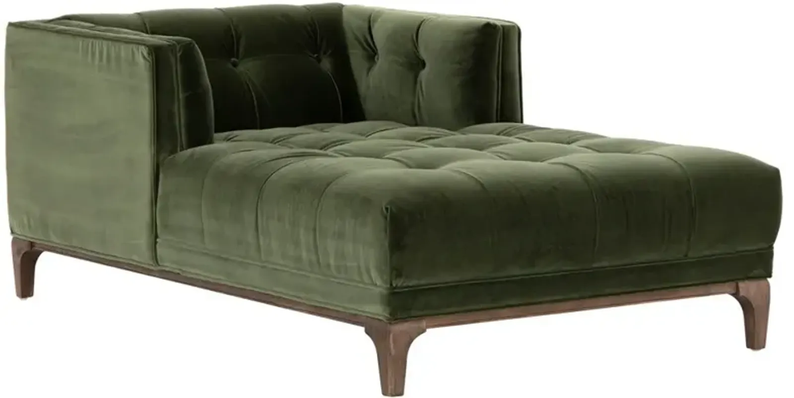Allen Mid Century Green Velvet Brown Wood Frame Button Tufted Chaise Lounge