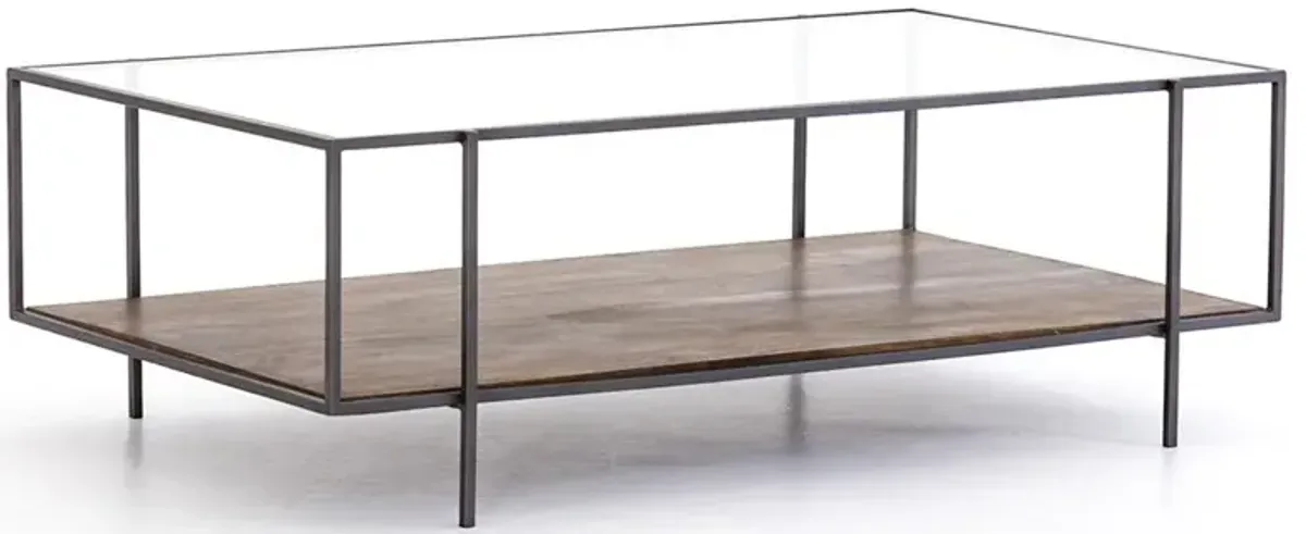 Camron Industrial Clear Glass Brown Mango Wood Iron Frame Rectangular Coffee Table