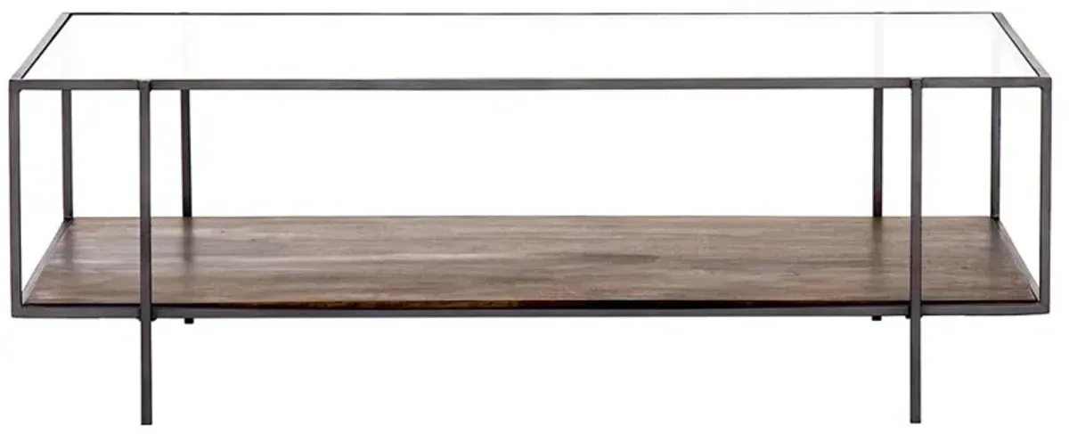 Camron Industrial Clear Glass Brown Mango Wood Iron Frame Rectangular Coffee Table