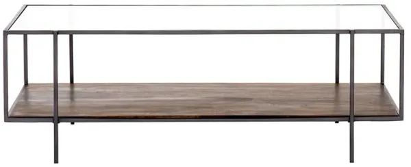 Camron Industrial Clear Glass Brown Mango Wood Iron Frame Rectangular Coffee Table