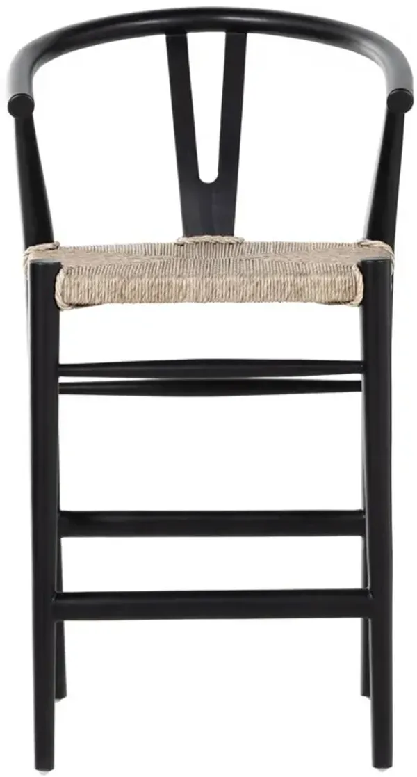 Wanda Mid Century Modern Black Teak Woven Wicker Seat Wishbone Outdoor Counter Stool