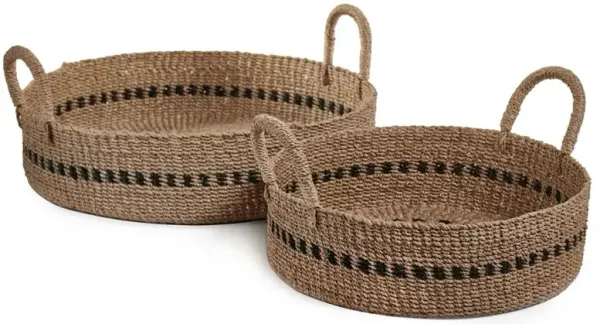 Cara Coastal Beach Brown Handwoven Abaca Round Decorative Tray - Set of 2