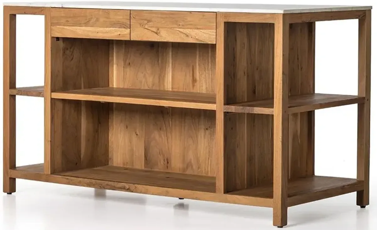 Sohail Coastal Beach White Marble Brown Acacia Wood Kitchen Island - 62"