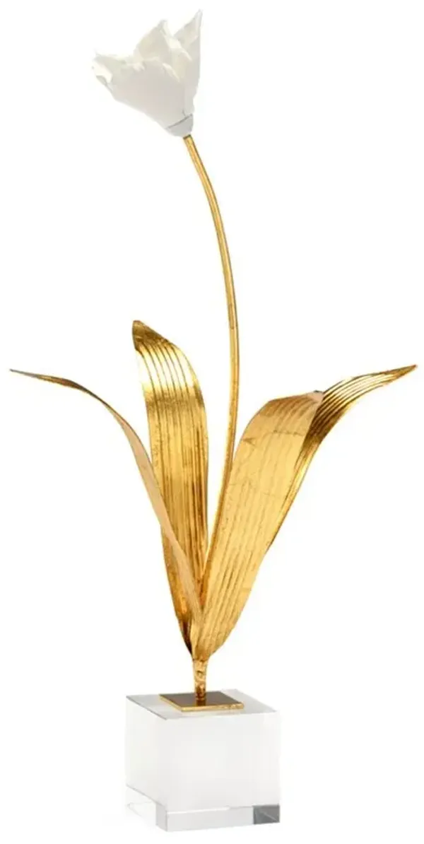 Easton Antique Gold Leaf Iron White Porcelain Tulip On Stand Sculpture