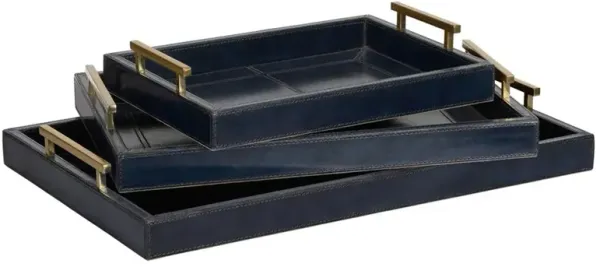 Gentry Industrial Midnight Blue Leather Decorative Tray - Set of 3