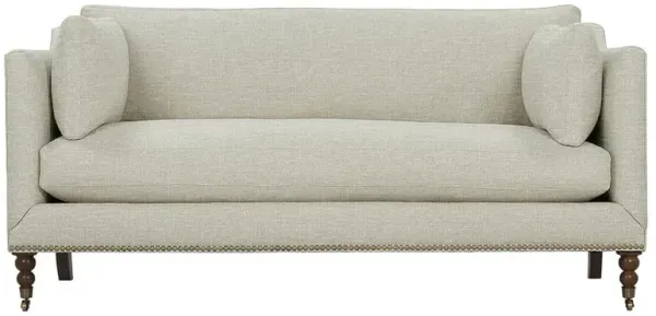 Madeline French Grey Upholstered Brown Wood Brass Casters Nailhead Sofa - Small - 71"W