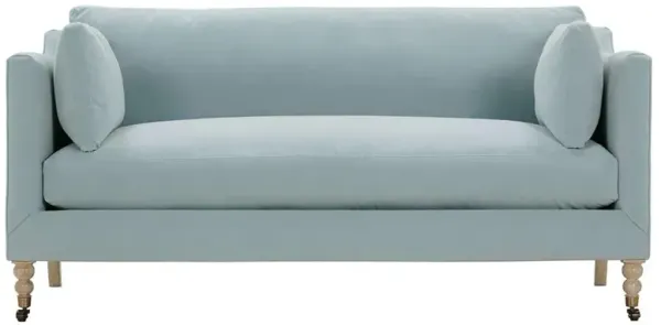 Madeline French Blue Performance Brown Wood Brass Casters Sofa - 71"W