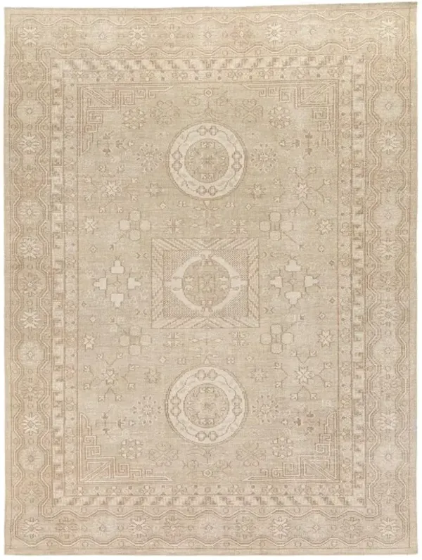 Ballari Global Bazaar Cream Wool Geometric Patterned Hand Knotted Rug - 8'x10'