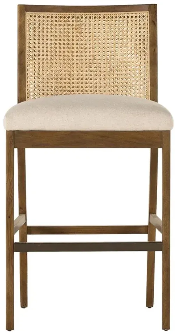 Annette Coastal Beige Performance Natural Woven Cane Brown Wood Bar Stool