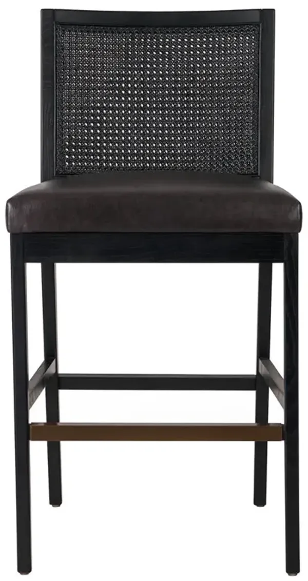 Annette Coastal Black Upholstered Leather Woven Cane Wood Frame Bar Stool