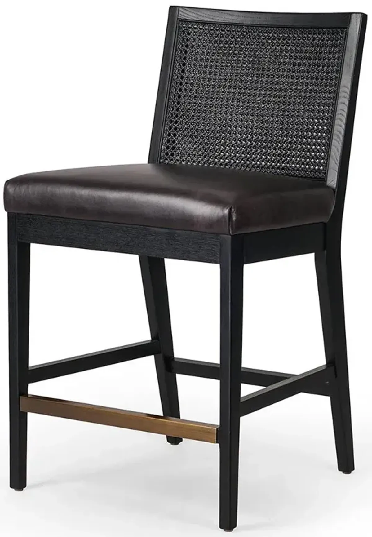 Annette Coastal Black Upholstered Leather Woven Cane Wood Frame Counter Stool