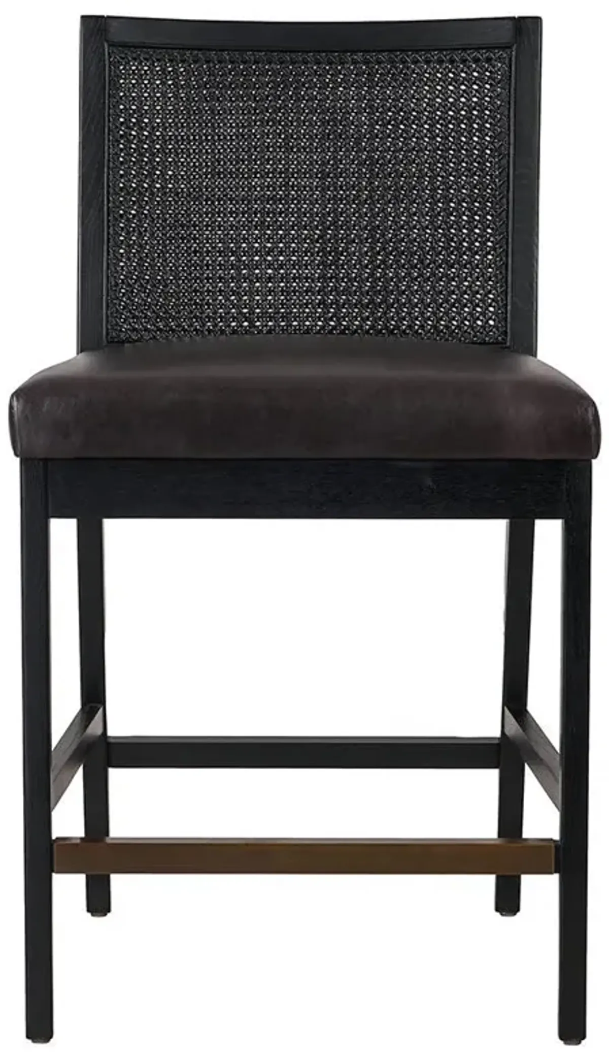 Annette Coastal Black Upholstered Leather Woven Cane Wood Frame Counter Stool