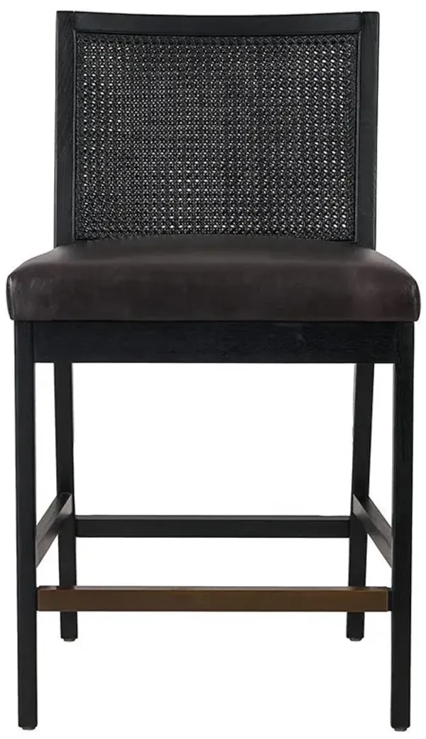 Annette Coastal Black Upholstered Leather Woven Cane Wood Frame Counter Stool