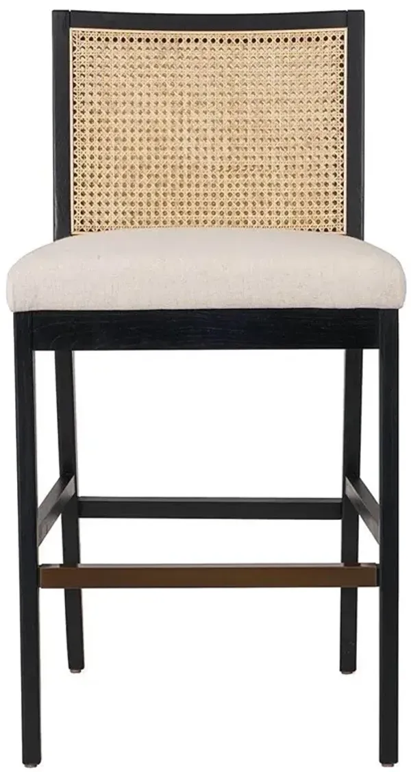 Annette Coastal Beige Performance Black Wood Natural Woven Cane Bar Stool