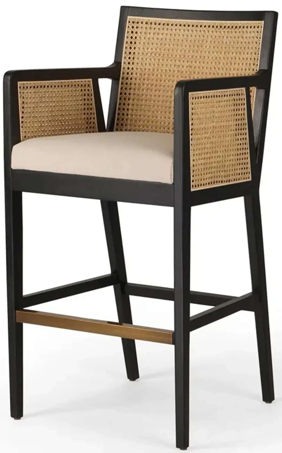 Annette Coastal White Performance Natural Woven Cane Black Wood Bar Stool