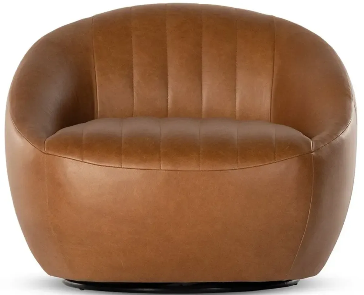 Anica Modern Classic Brown Leather Tufted Barrel Swivel Chair