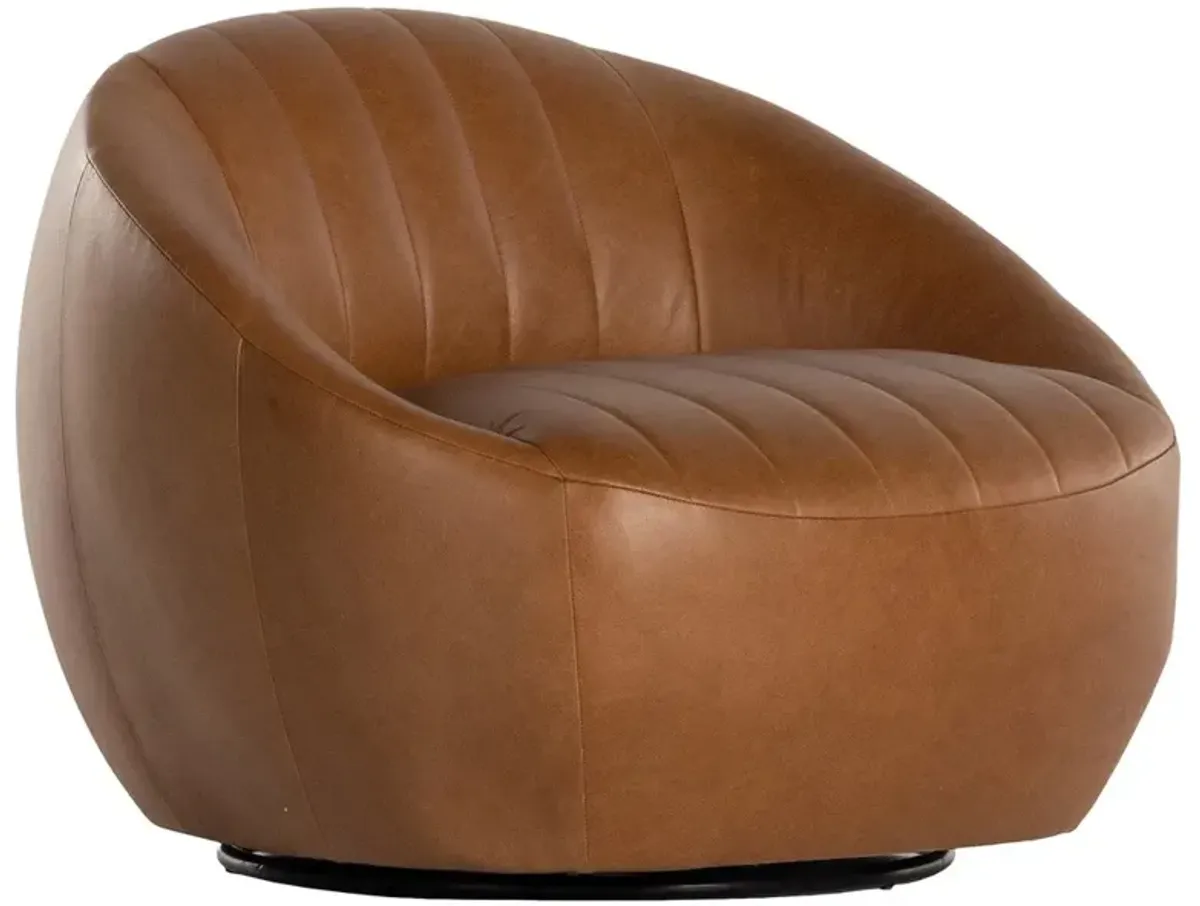 Anica Modern Classic Brown Leather Tufted Barrel Swivel Chair