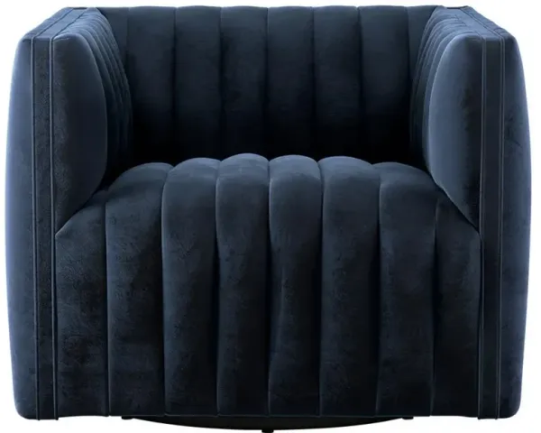 Leo Mid Century Modern Navy Blue Upholstered Fabric Swivel Tufted Occasional Chair