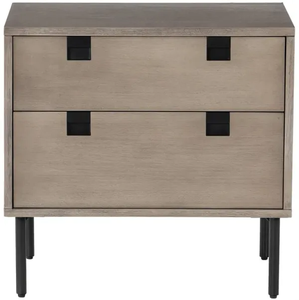 Currie Rustic Lodge Grey Wash Acacia Wood Black Iron Base 2 Drawer Nightstand