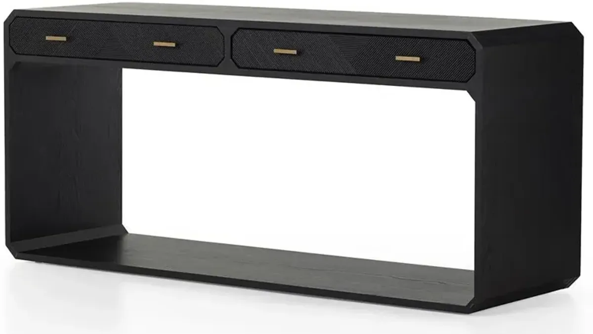Joy Rustic Lodge Black Wood Gold Iron Pull 2 Drawer Rectangular Console Table