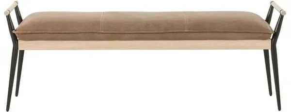 Mark Mid Century Brown Upholstered Leather Black Steel Natural Oak Entryway Bench