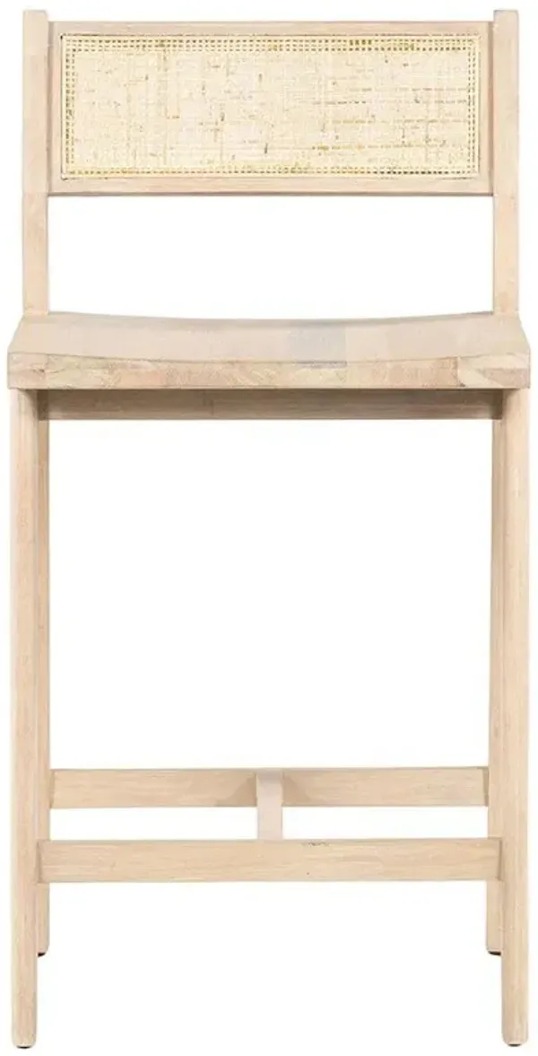 Marina Coastal Beach Whitewash Solid Mango Wood Natural Woven Cane Counter Stool