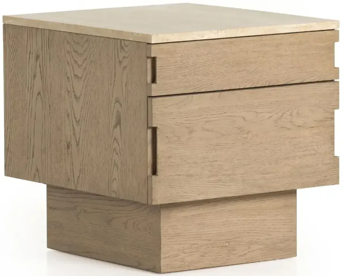 Ariane Rustic Lodge Beige Stone Top Brown Oak Veneer 2 Drawer Nightstand